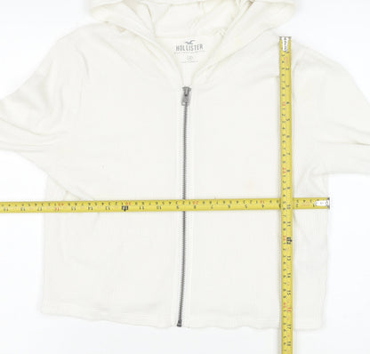 Hollister Women's White Full Zip Hoodie Medium Waffle Knit Cotton Blend