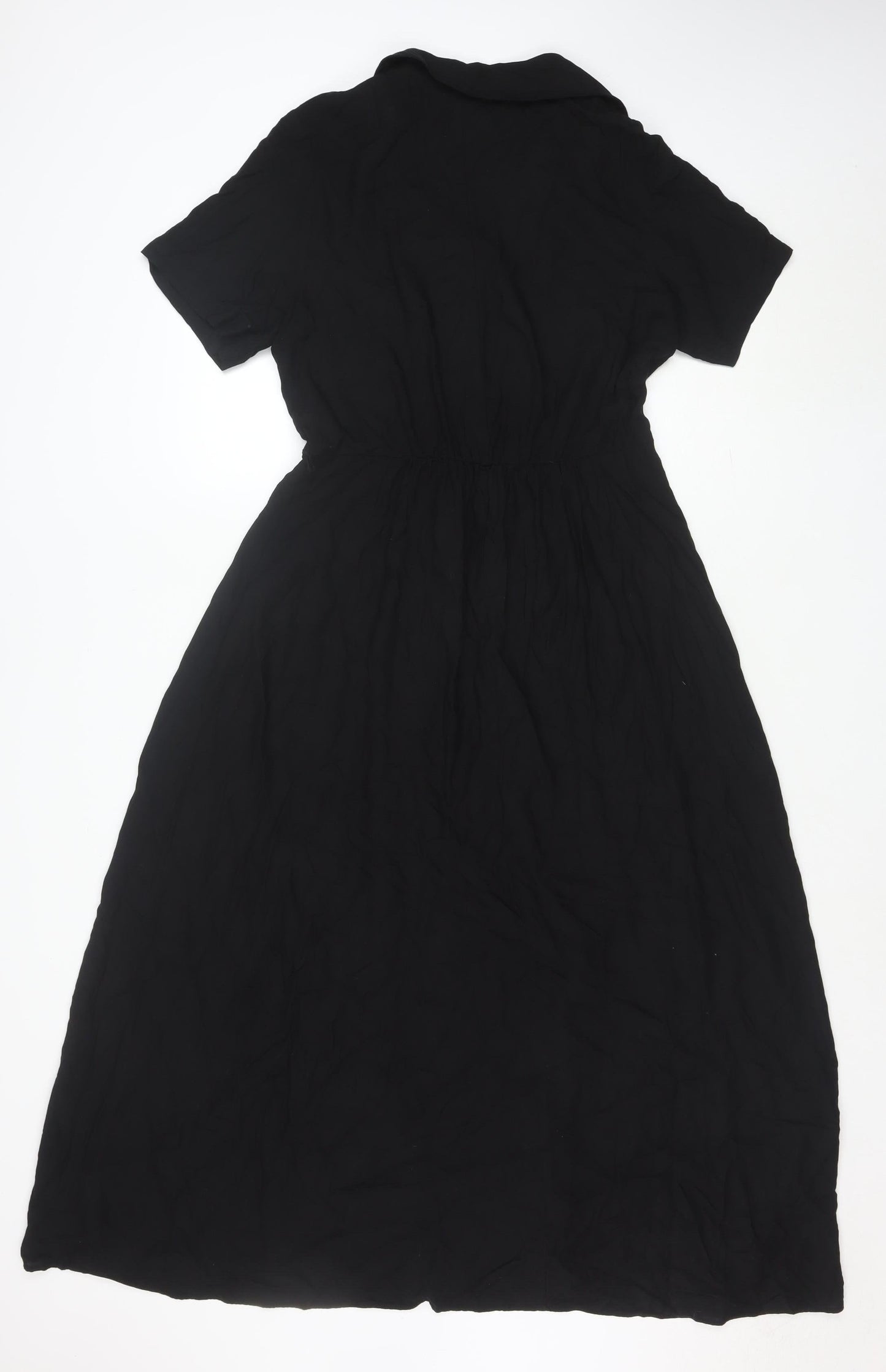 H&M Women Black Viscose Midi Dress Short Sleeve Fit & Flare Size 10