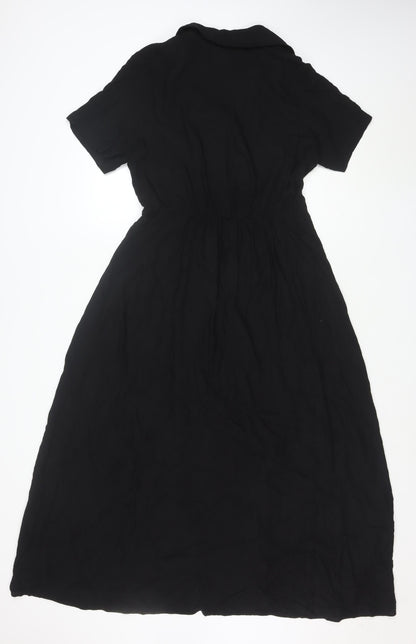 H&M Women Black Viscose Midi Dress Short Sleeve Fit & Flare Size 10