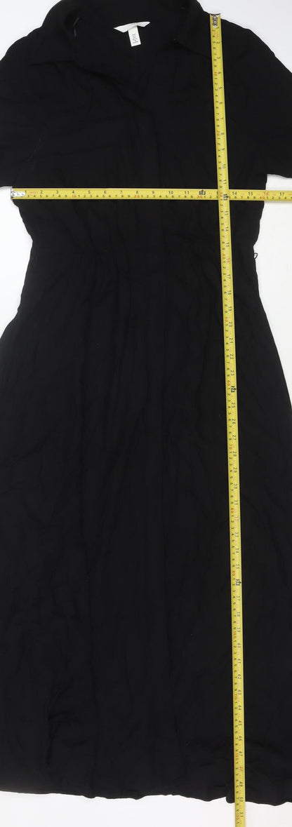 H&M Women Black Viscose Midi Dress Short Sleeve Fit & Flare Size 10