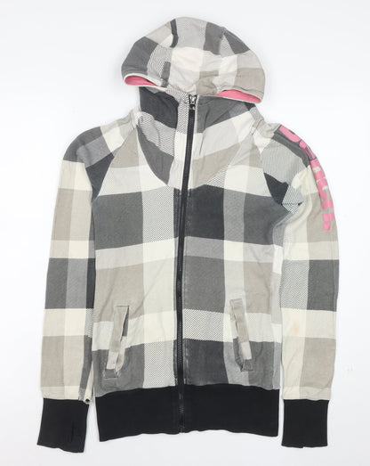 Bench Women's Grey Check Full Zip Hoodie Size M Cotton Casual