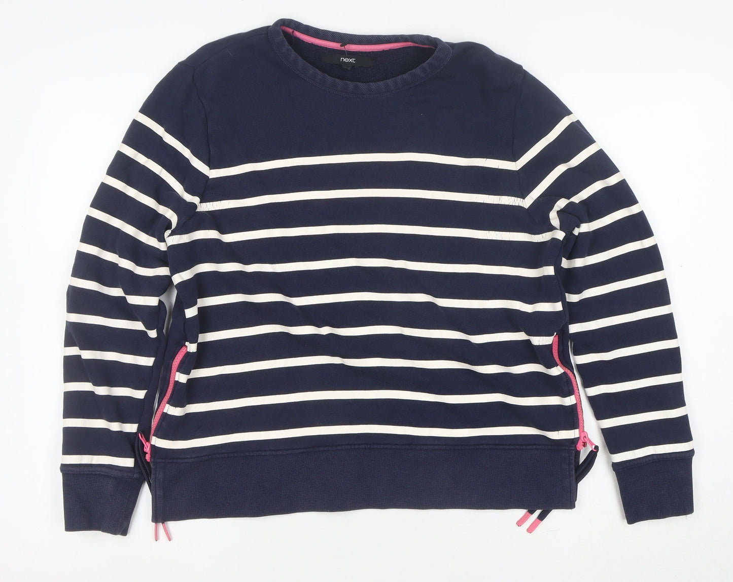 Next Women Navy Blue Striped Sweatshirt Size M Cotton Zip Detail