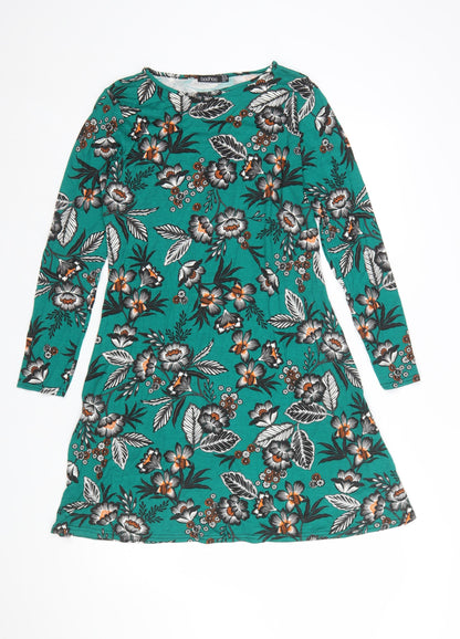 Boohoo Women’s Green Floral A-Line Long Sleeve Dress Size 10