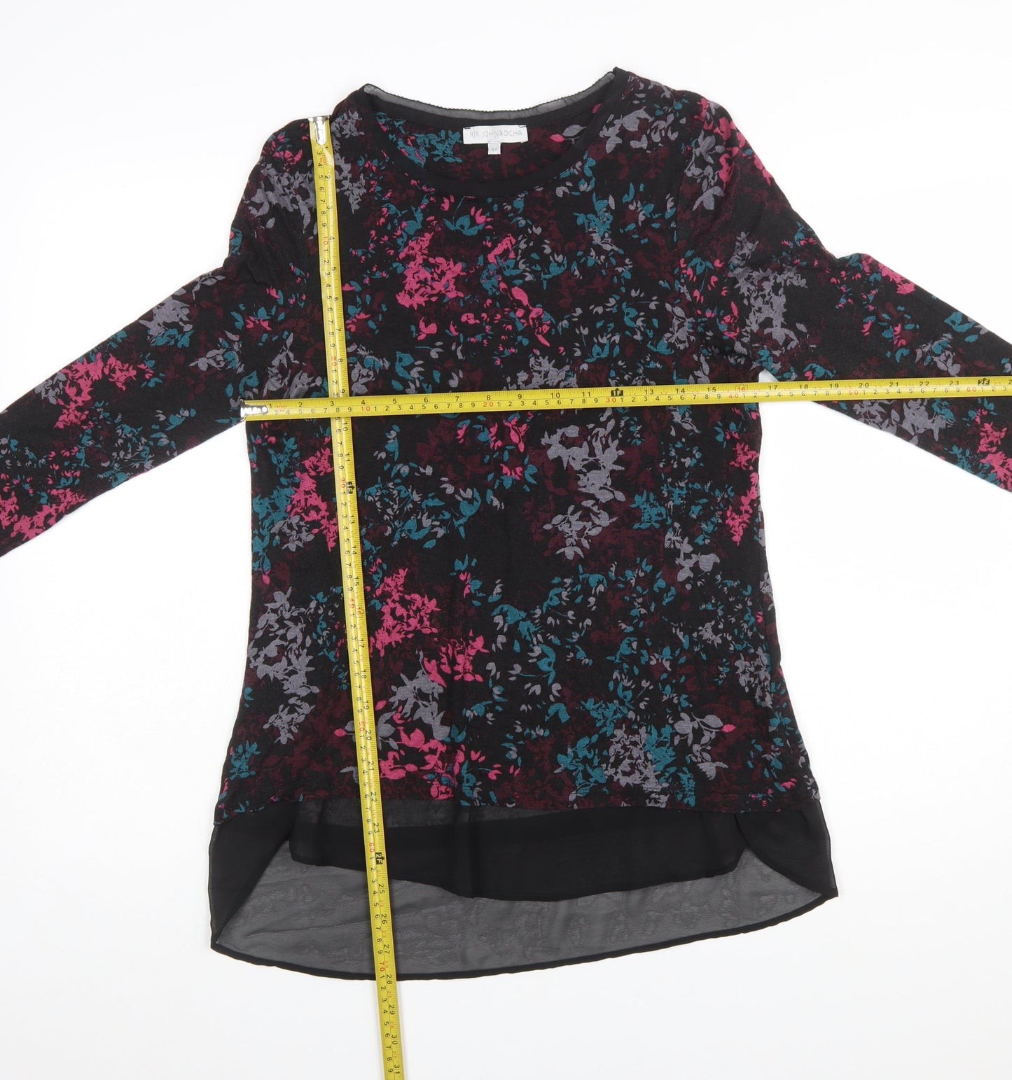RJR John Rocha Women Black Floral Tunic Top Size 12 Long Sleeve Viscoe Blend