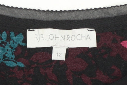RJR John Rocha Women Black Floral Tunic Top Size 12 Long Sleeve Viscoe Blend