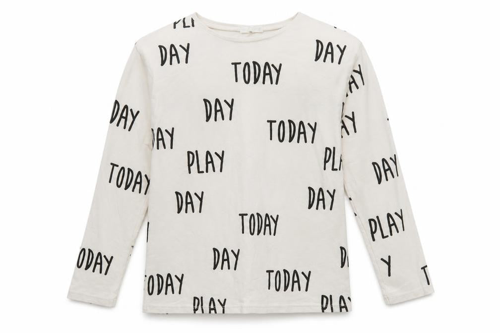Front view of Zara girls’ ivory long sleeve 'play today' cotton t-shirt 11-12 years