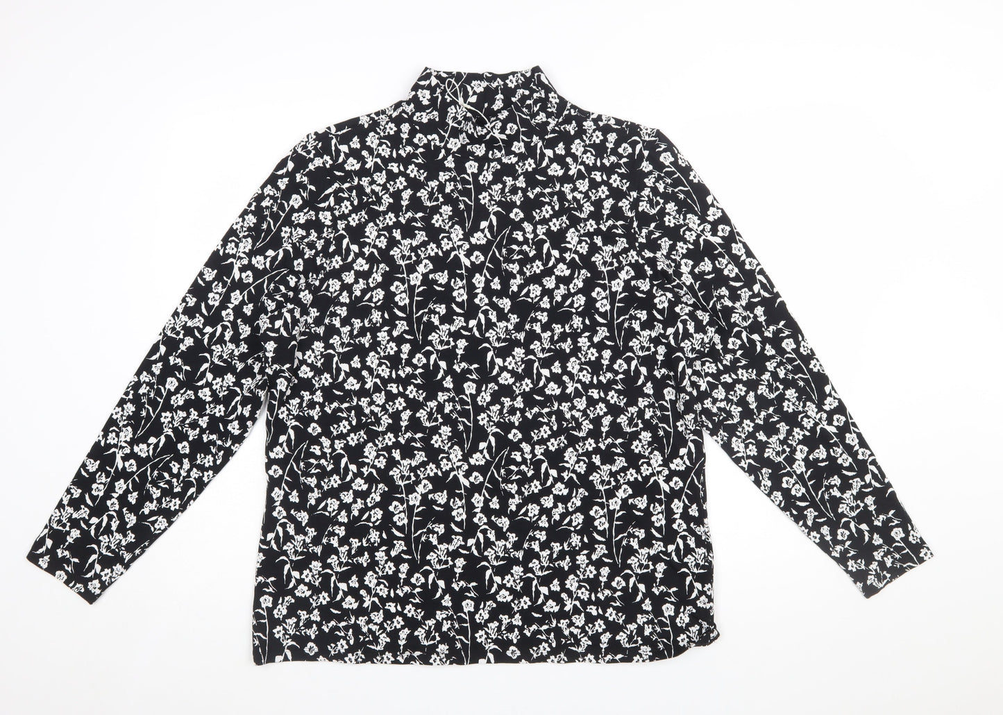 Marks and Spencer Womens Black Floral High Neck Long Sleeve Cotton Jersey Blouse Size 20