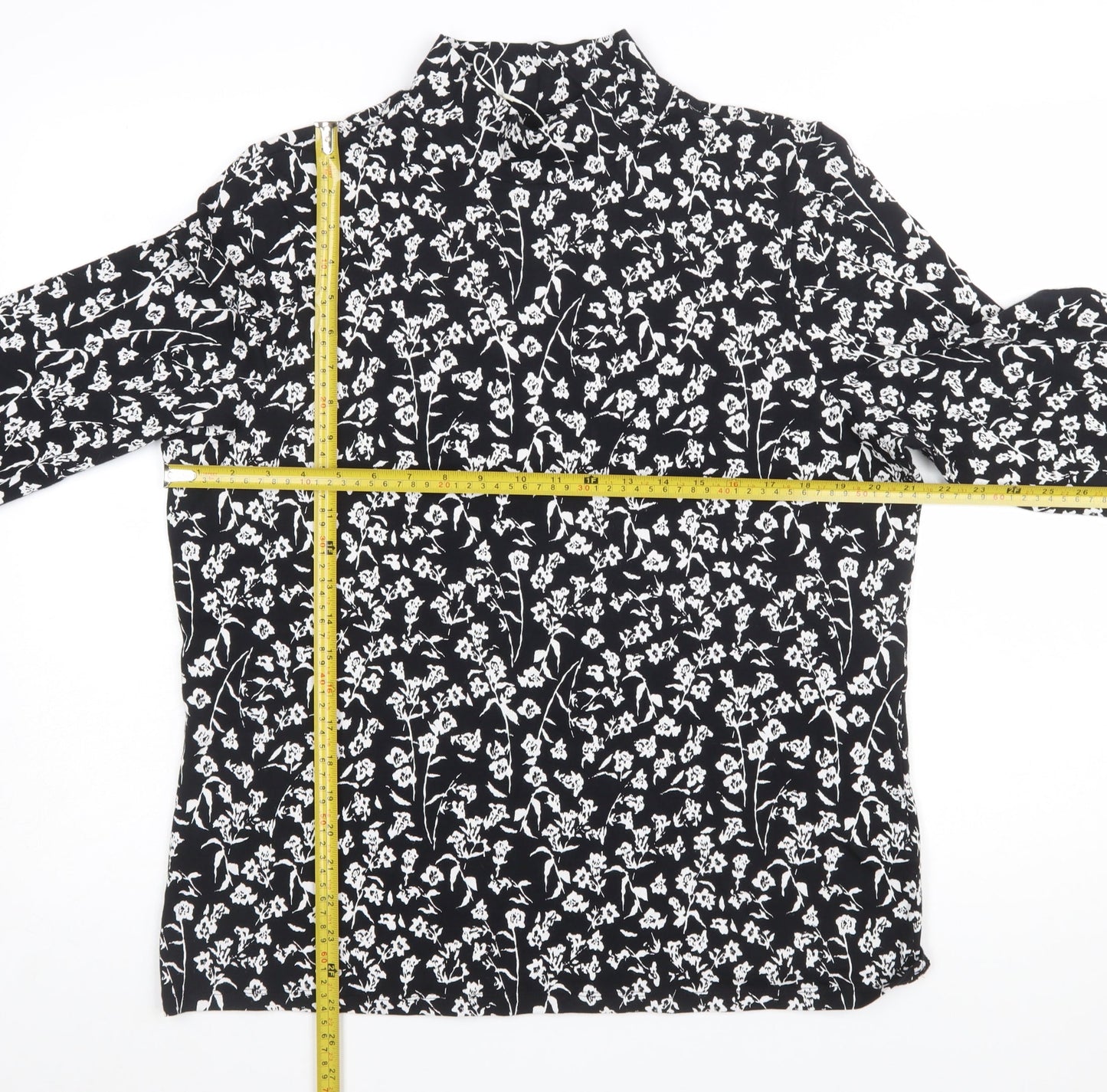 Marks and Spencer Womens Black Floral High Neck Long Sleeve Cotton Jersey Blouse Size 20