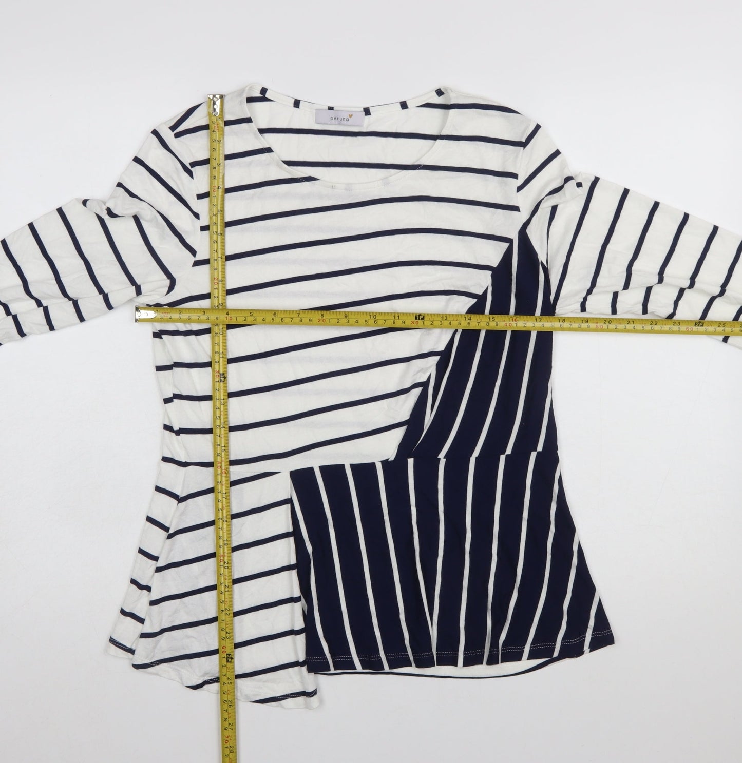 Marks and Spencer Per Una Women's Navy Mix Striped Long Sleeve Cotton T-Shirt Size 14