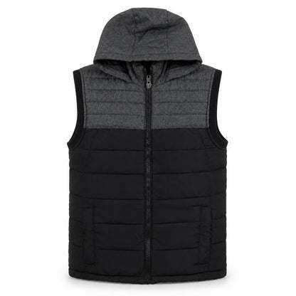 Identic Men Black Grey Hooded Quilted Waistcoat Size S 44/46