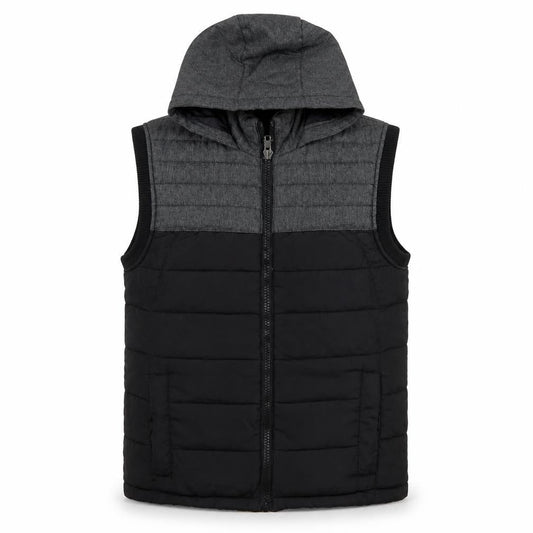 Identic Men Black Grey Hooded Quilted Waistcoat Size S 44/46