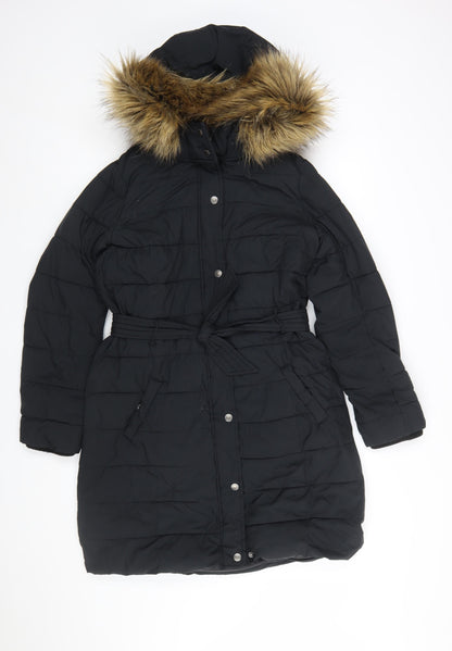 Abercrombie & Fitch Women’s Black Long Puffer Coat L Hooded Fur Trim