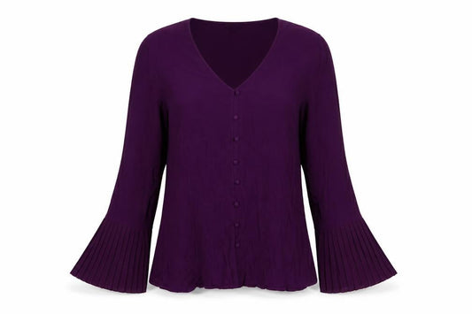 Front view of Massimo Dutti women’s purple v-neck pleated cuff tunic blouse xl
