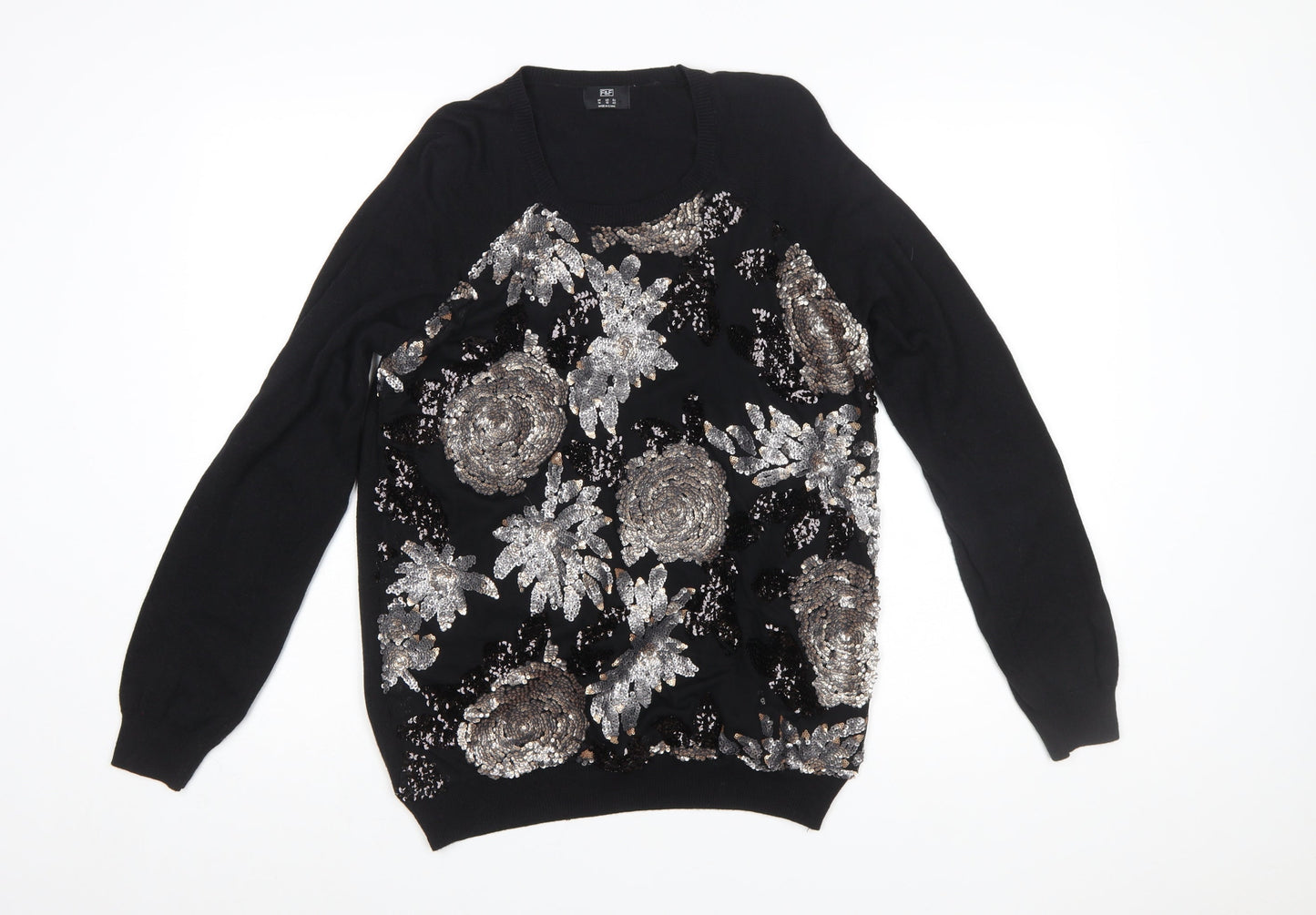 F&F Women's Black Sequin Floral Pullover Jumper Size 14