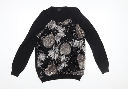 F&F Women's Black Sequin Floral Pullover Jumper Size 14