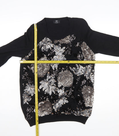 F&F Women's Black Sequin Floral Pullover Jumper Size 14