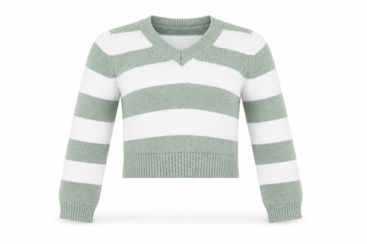 Stradivarius Women's Green White Striped V-Neck Knit Jumper Size 12