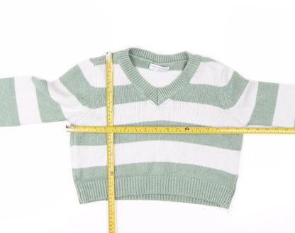 Stradivarius Women's Green White Striped V-Neck Knit Jumper Size 12