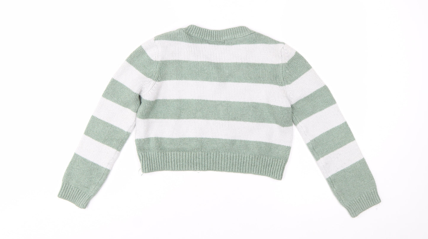 Stradivarius Women's Green White Striped V-Neck Knit Jumper Size 12