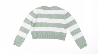 Stradivarius Women's Green White Striped V-Neck Knit Jumper Size 12
