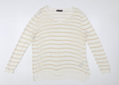 Marks and Spencer Women Beige Striped V-Neck Pullover Jumper Size 20