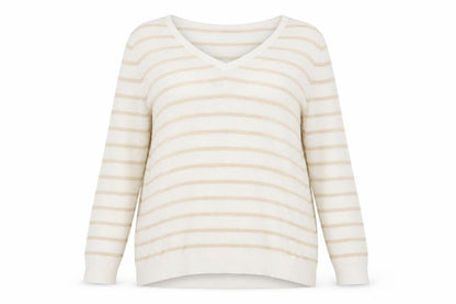 Marks & Spencer Women Beige Striped V-Neck Pullover Jumper Size 20