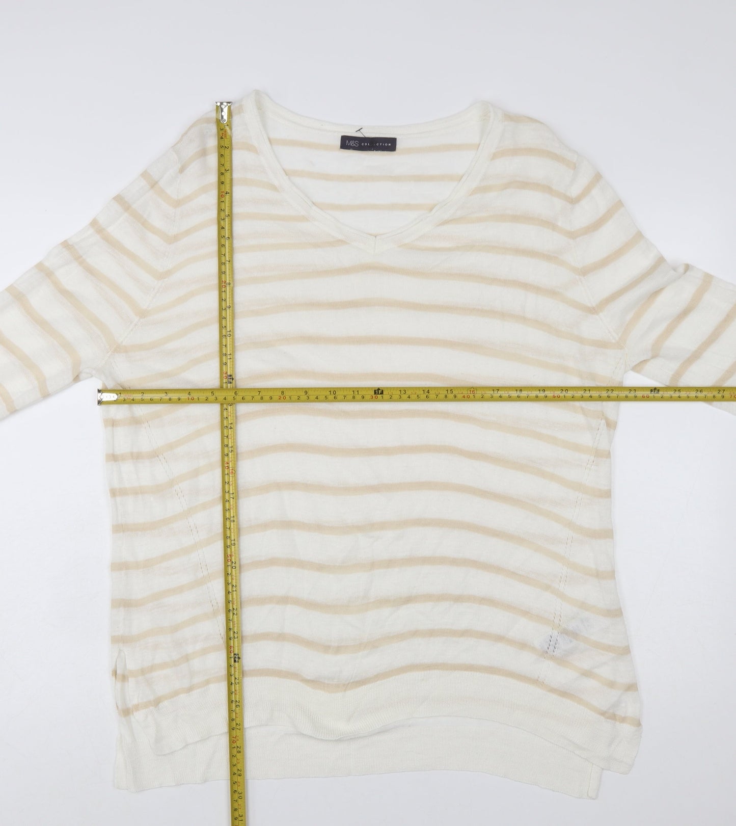 Marks and Spencer Women Beige Striped V-Neck Pullover Jumper Size 20