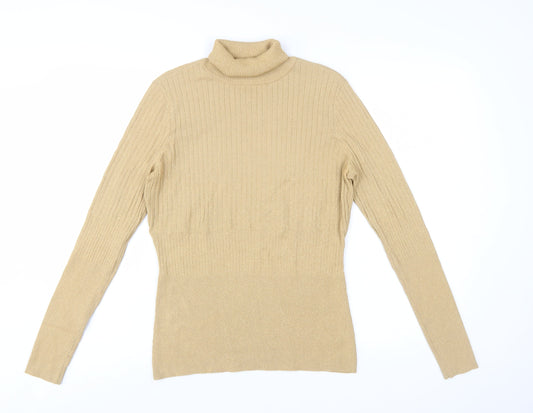 Worthington Women Beige Roll Neck Ribbed Knit Jumper Size L