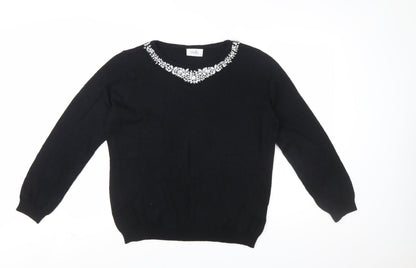 Wallis Women Petite Black Beaded Crew Neck Jumper Size 16