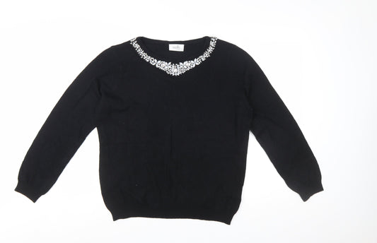 Wallis Women Petite Black Beaded Crew Neck Jumper Size 16