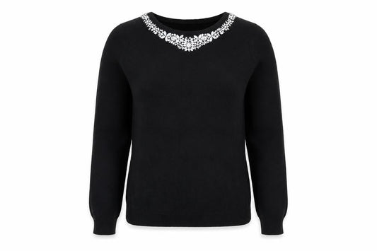 Wallis Women Petite Black Beaded Crew Neck Jumper Size 16