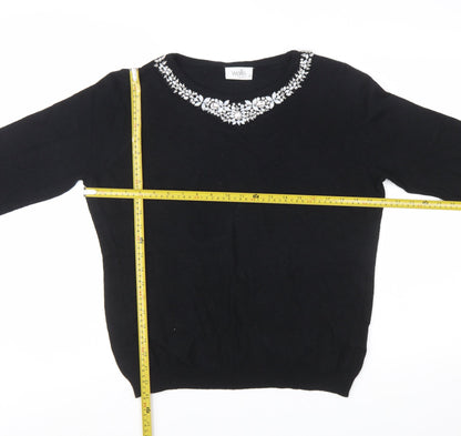 Wallis Women Petite Black Beaded Crew Neck Jumper Size 16