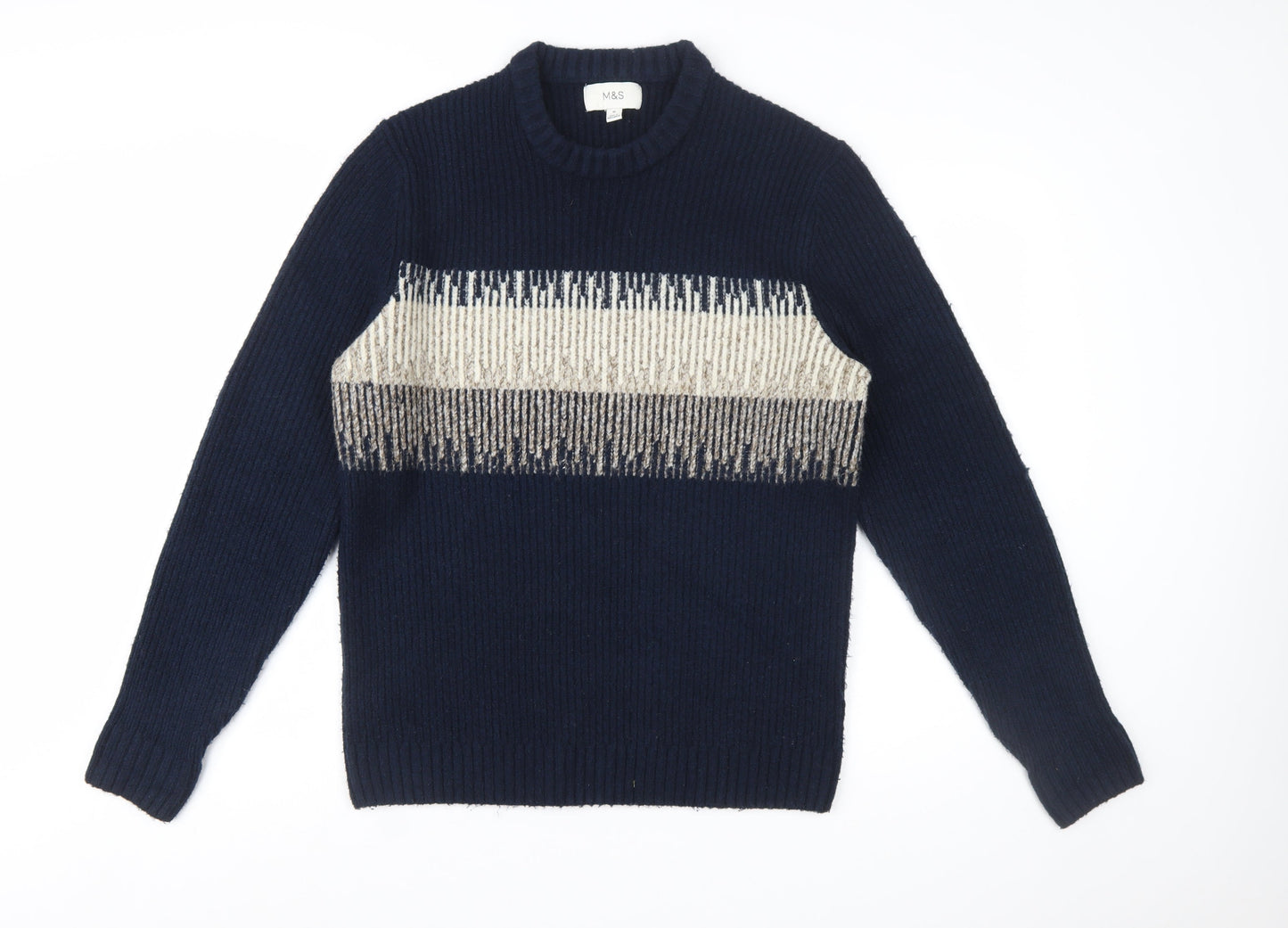 Marks and Spencer Men's Blue Geometric Chunky Knit Crew Neck Jumper Size M