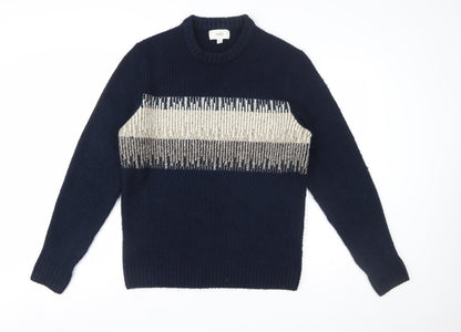 Marks and Spencer Men's Blue Geometric Chunky Knit Crew Neck Jumper Size M