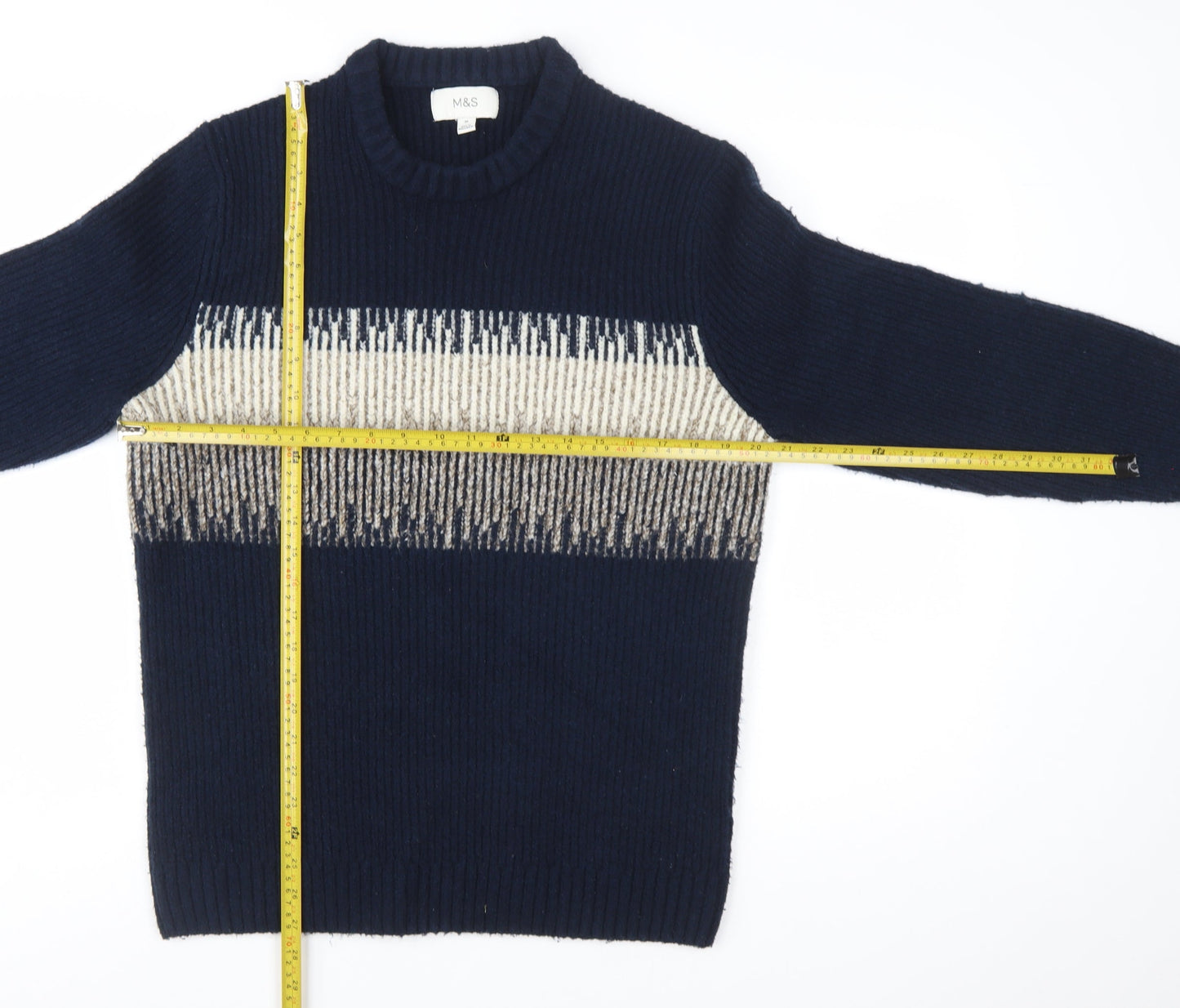 Marks and Spencer Men's Blue Geometric Chunky Knit Crew Neck Jumper Size M