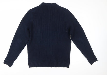 Marks and Spencer Men's Blue Geometric Chunky Knit Crew Neck Jumper Size M