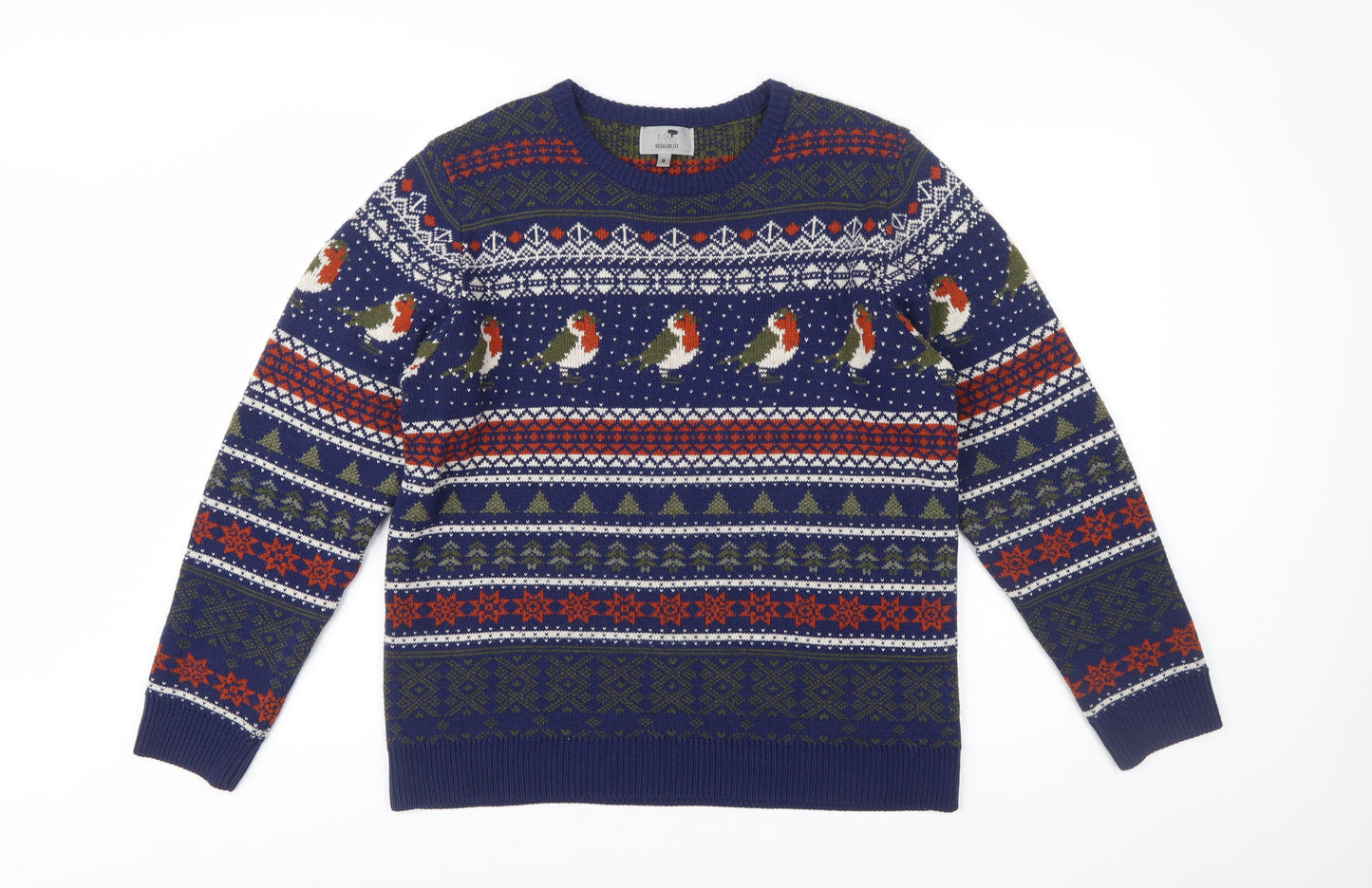 Marks and Spencer Men's Blue Christmas Robin Fair Isle Jumper Medium