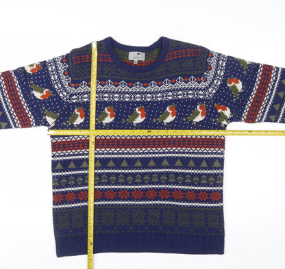 Marks and Spencer Men's Blue Christmas Robin Fair Isle Jumper Medium