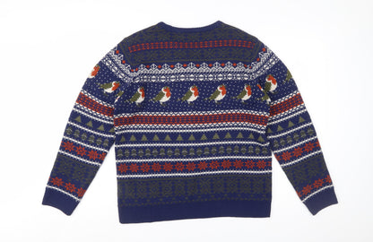 Marks and Spencer Men's Blue Christmas Robin Fair Isle Jumper Medium