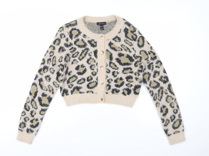 New Look Women's Beige Leopard Print Chunky Knit Cardigan UK 12
