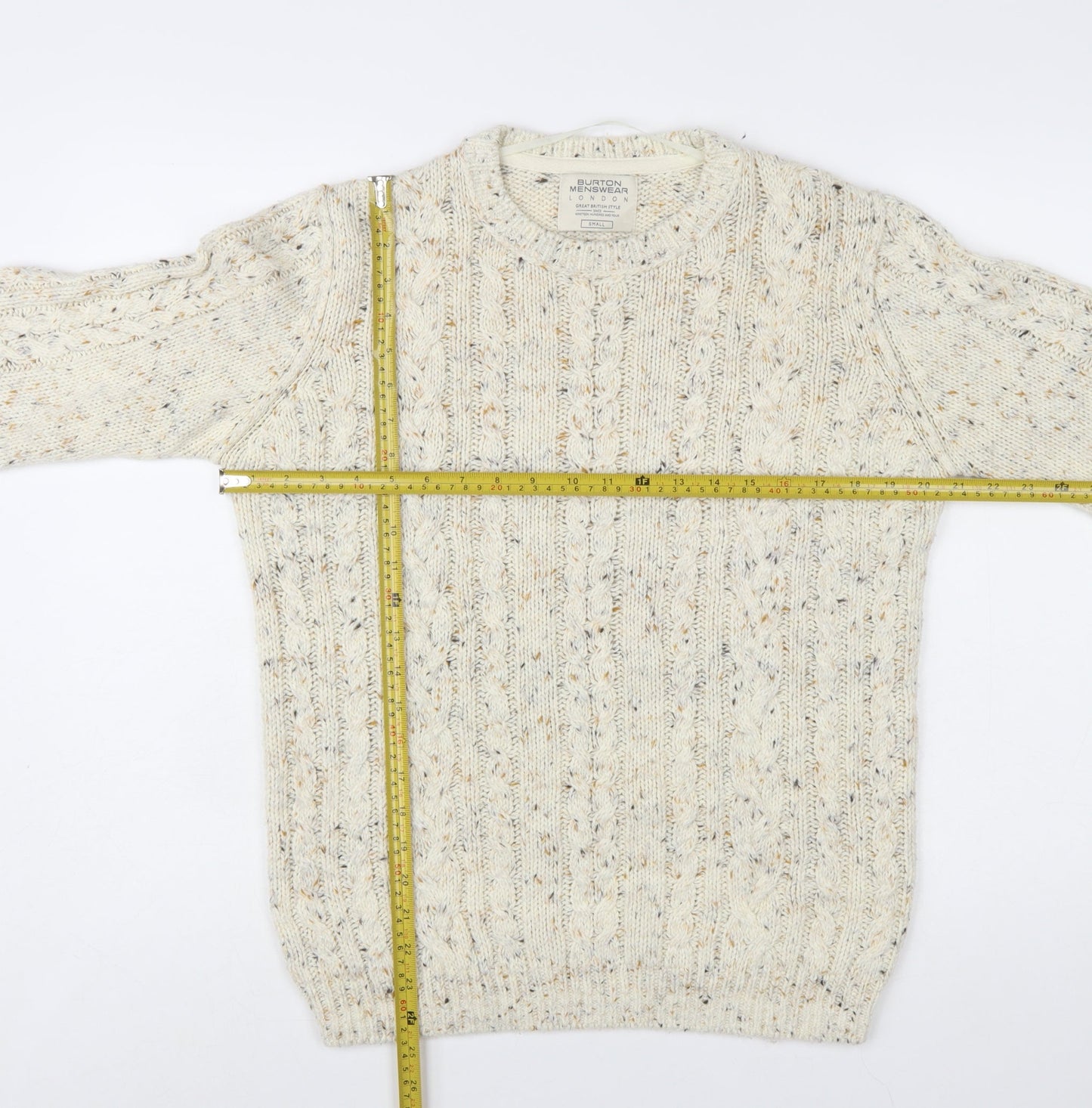 Burton Menswear Beige Cable-Knit Crew Neck Jumper Small Men's