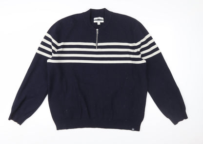 Marks and Spencer Men's Blue XL Striped 1/2 Zip Cotton Blend Jumper