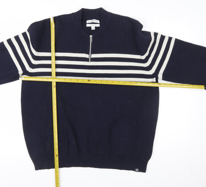 Marks and Spencer Men's Blue XL Striped 1/2 Zip Cotton Blend Jumper