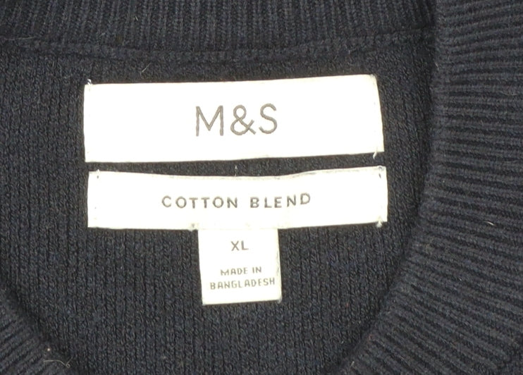 Marks and Spencer Men's Blue XL Striped 1/2 Zip Cotton Blend Jumper