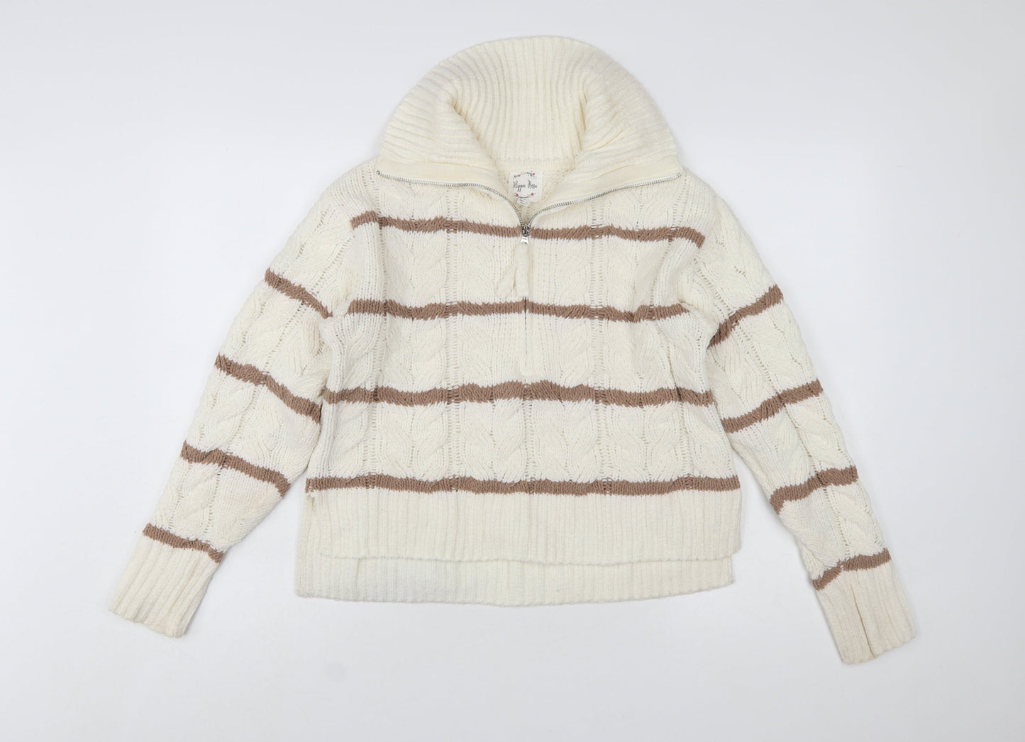 Hippie Rose Women Ivory Brown Striped Cable-Knit 1/4 Zip Jumper Size S