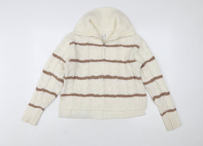 Hippie Rose Women Ivory Brown Striped Cable-Knit 1/4 Zip Jumper Size S