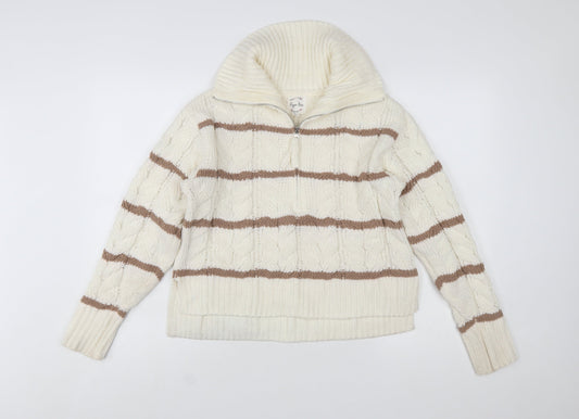 Hippie Rose Women Ivory Brown Striped Cable-Knit 1/4 Zip Jumper Size S
