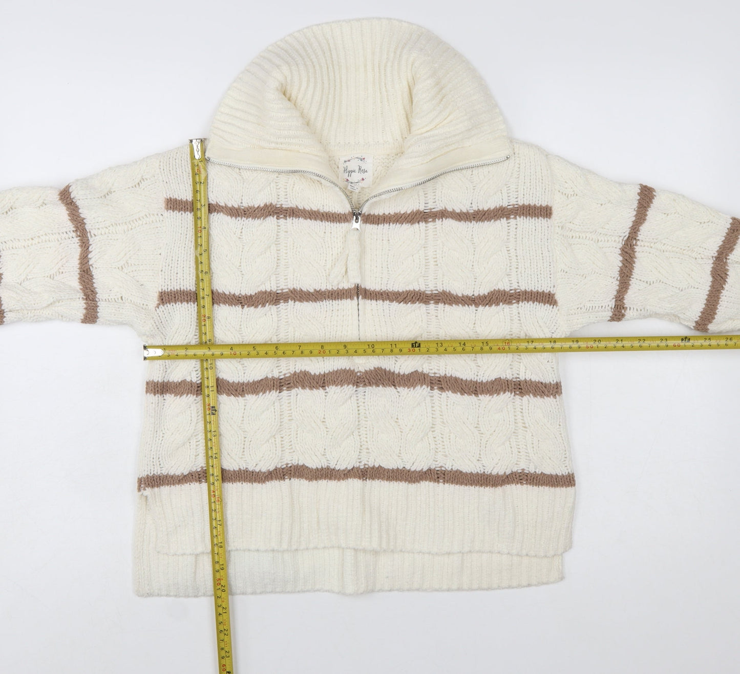 Hippie Rose Women Ivory Brown Striped Cable-Knit 1/4 Zip Jumper Size S