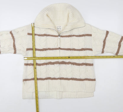 Hippie Rose Women Ivory Brown Striped Cable-Knit 1/4 Zip Jumper Size S