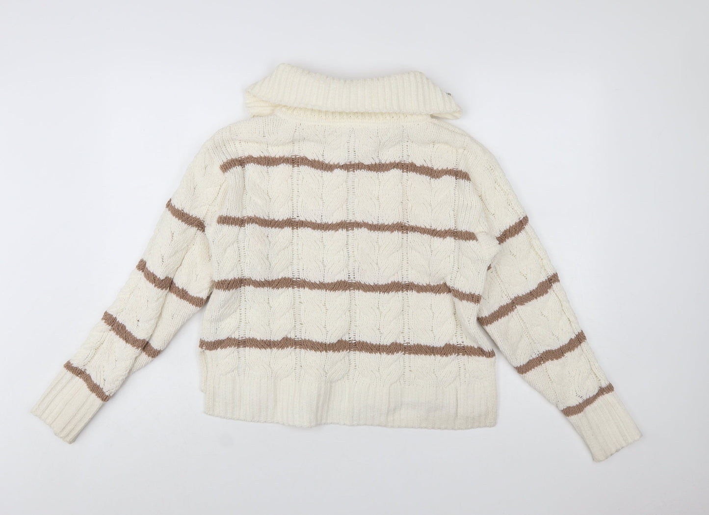 Hippie Rose Women Ivory Brown Striped Cable-Knit 1/4 Zip Jumper Size S